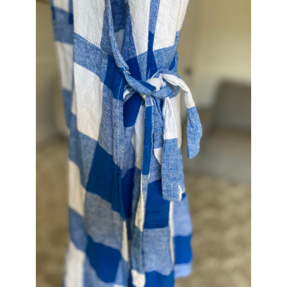 Old Navy Wrap Dress Gingham Blue White Cottagecore Preppy Summer Picnic Coastal - Picture 11 of 11